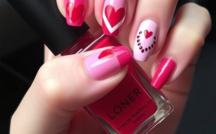 Adorable Pink and Red Heart Nails Valentines Design Ideas