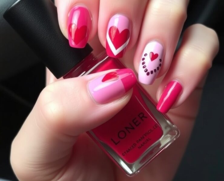 Adorable Pink and Red Heart Nails Valentines Design Ideas