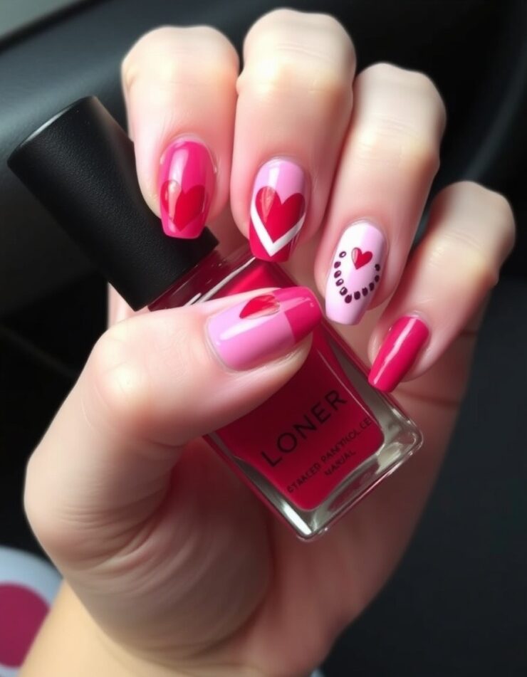 Adorable Pink and Red Heart Nails Valentines Design Ideas