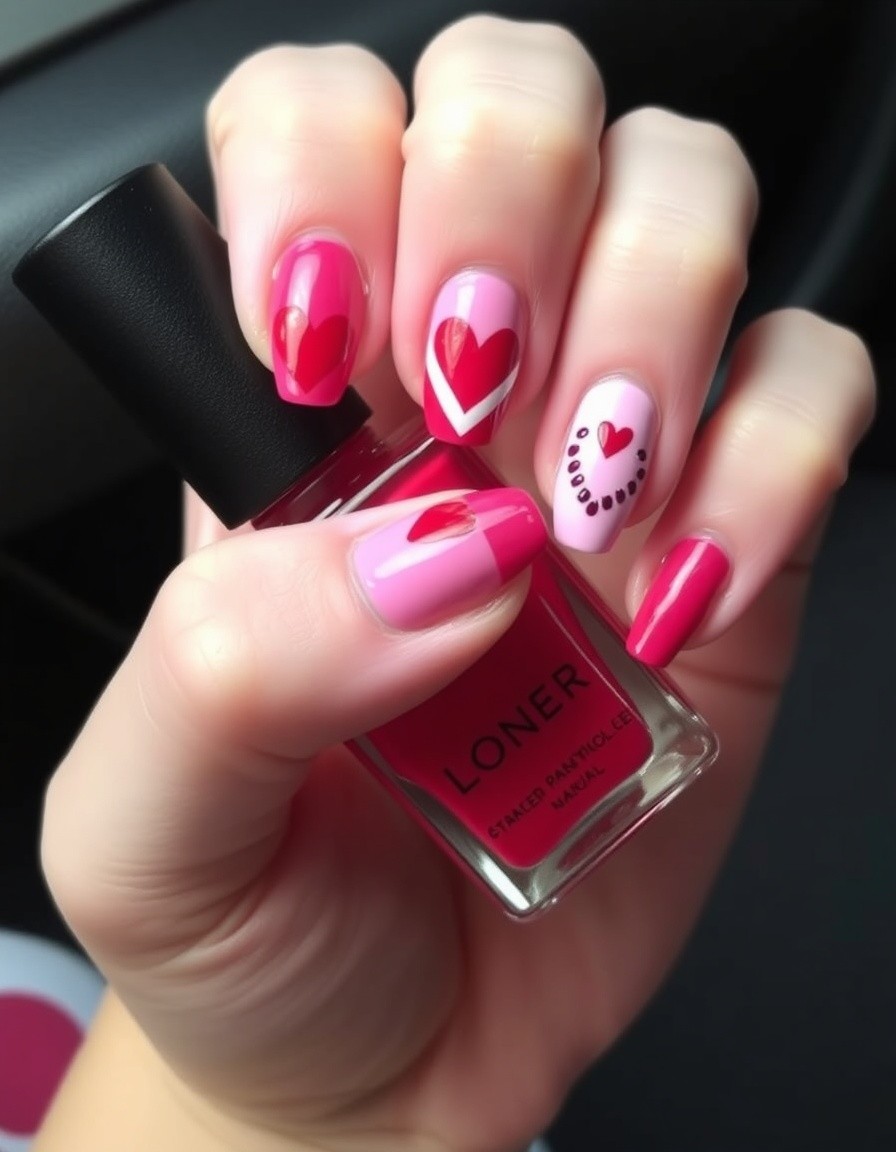Adorable Pink and Red Heart Nails Valentines Design Ideas