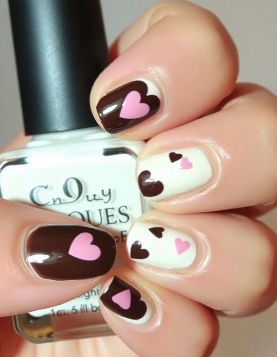 Cream and Dark Heart Chocolate Press-On Valentines Nails