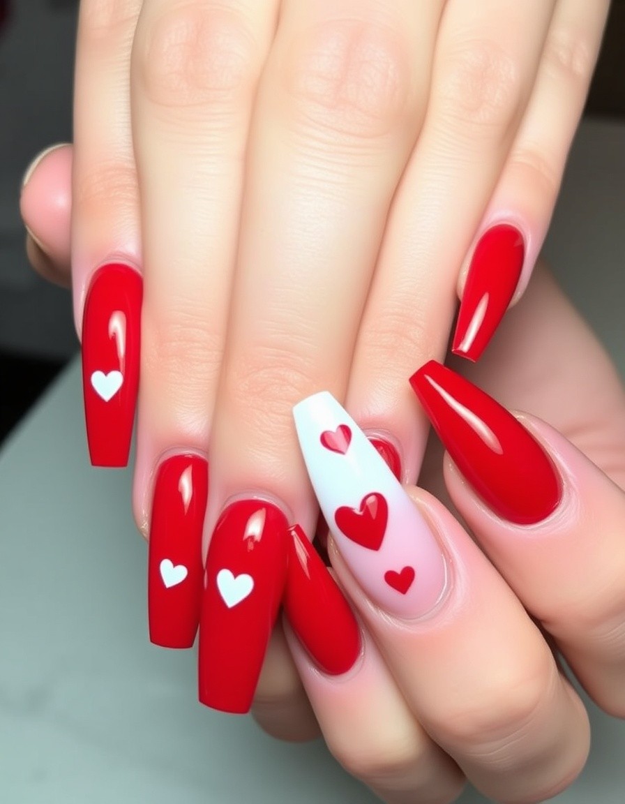Long red and White Heart Nails Valentines Day