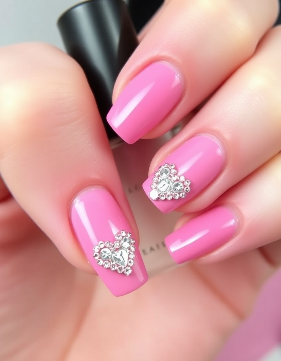 Pink Rhinestone Heart Valentines Nails