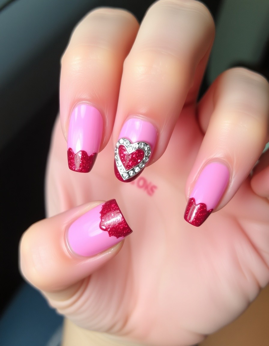 Pink and Red Heart with Rhinestones Glitter Valentines Day Nails