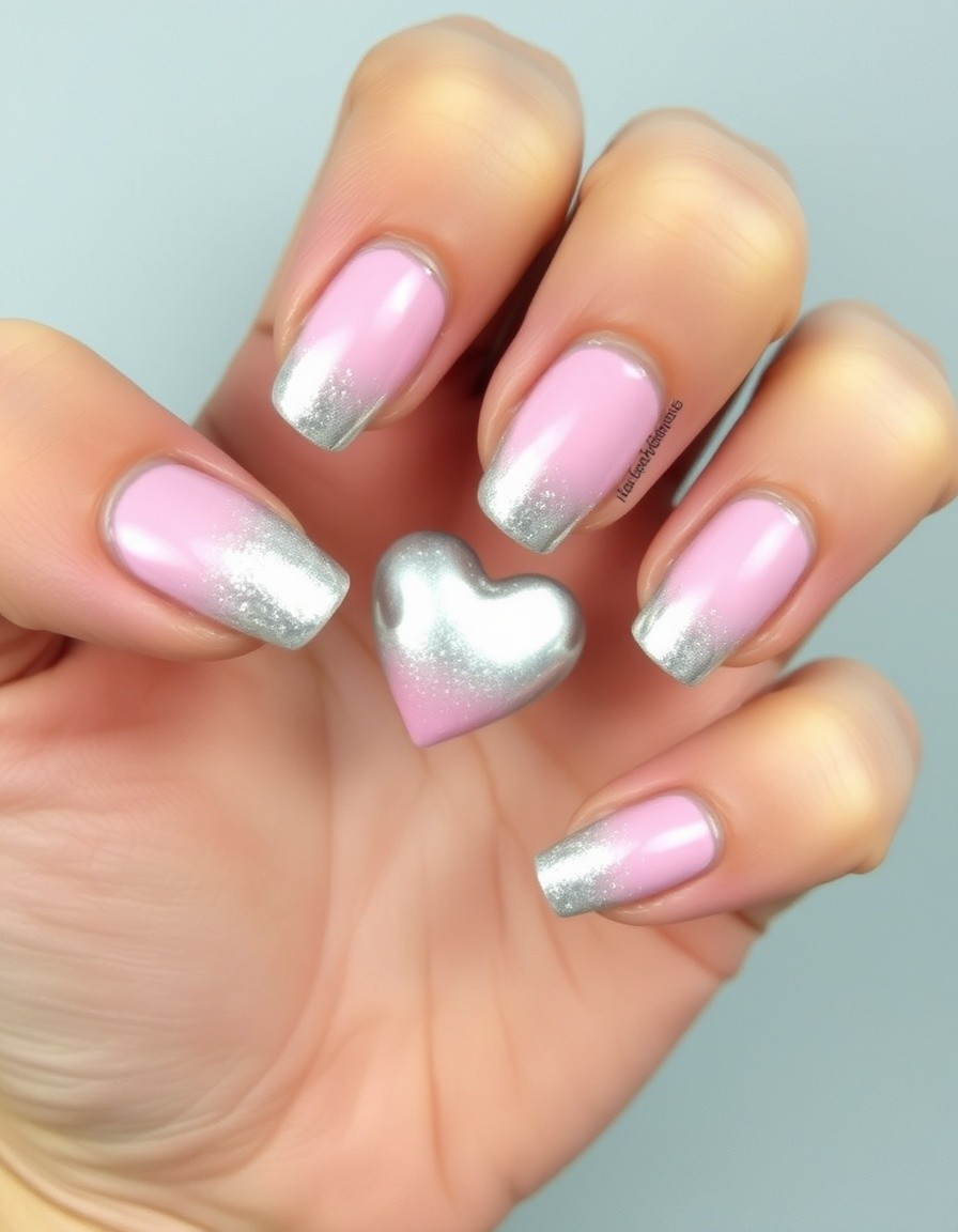 Silver Heart with Ombre Pink Valentines Press On Nails