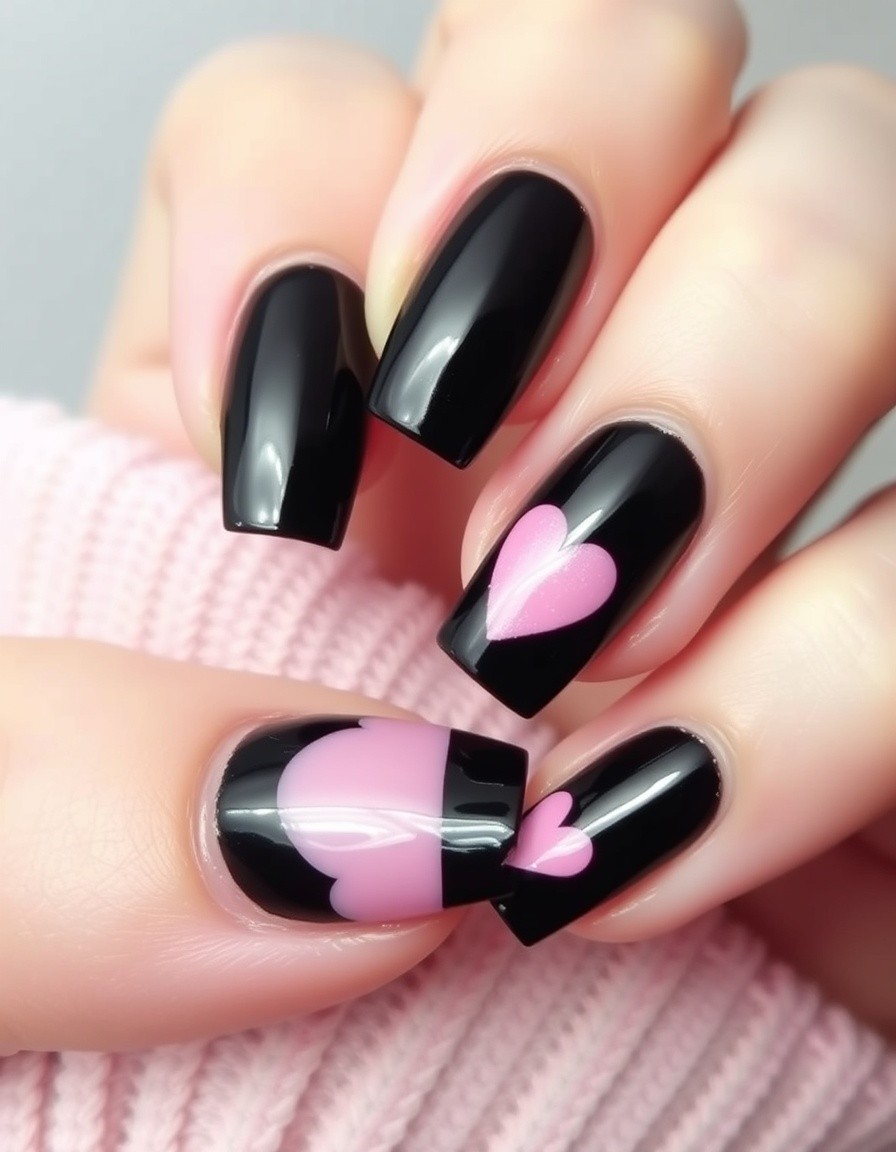 Valentines Day Black French Tip Romantic Heart Designed Nail