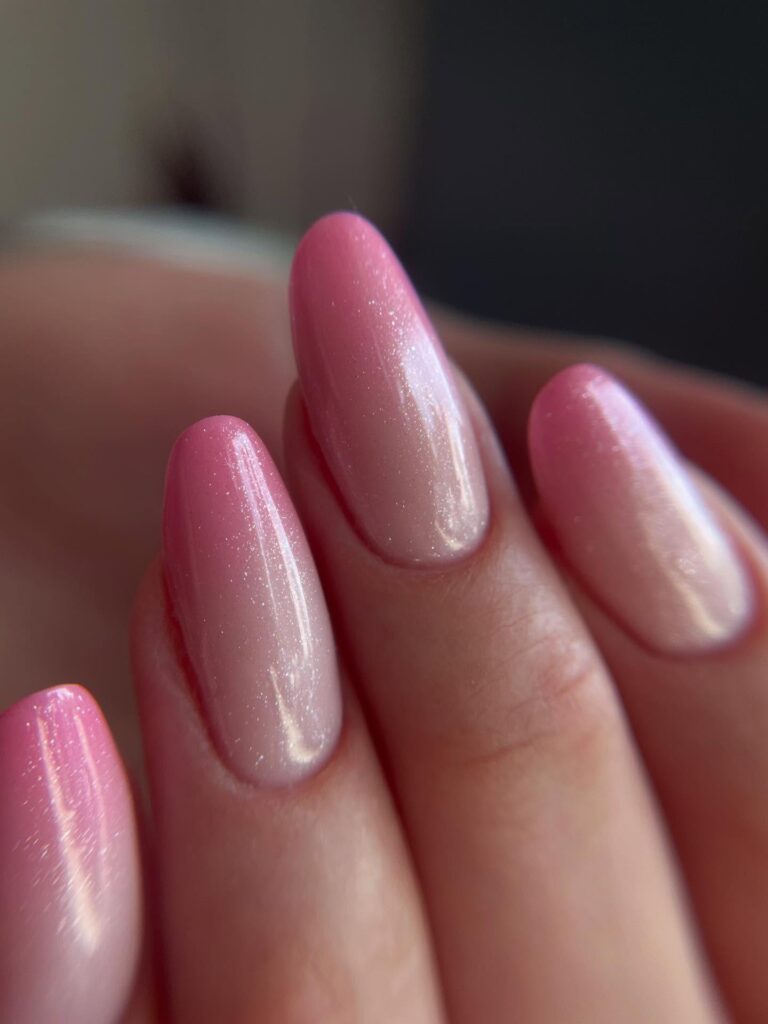 21 Adorable Pink Ombre Nails To Upgrade your Maniure Glitter cover, omber pink and white oval Nails