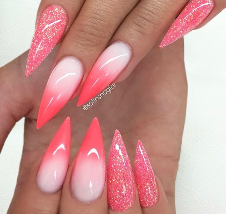 21 Adorable Pink Ombre Nails To Upgrade your Maniure Glitter Long Ombre white and pink Pointy Nails