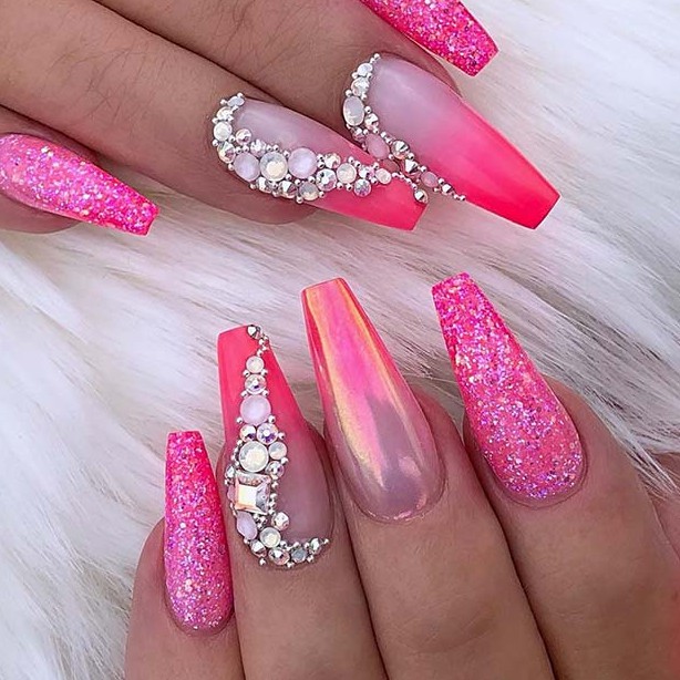 21 Adorable Pink Ombre Nails To Upgrade your Maniure Rhinestone long coffin ombre nails with Sugar Glitter