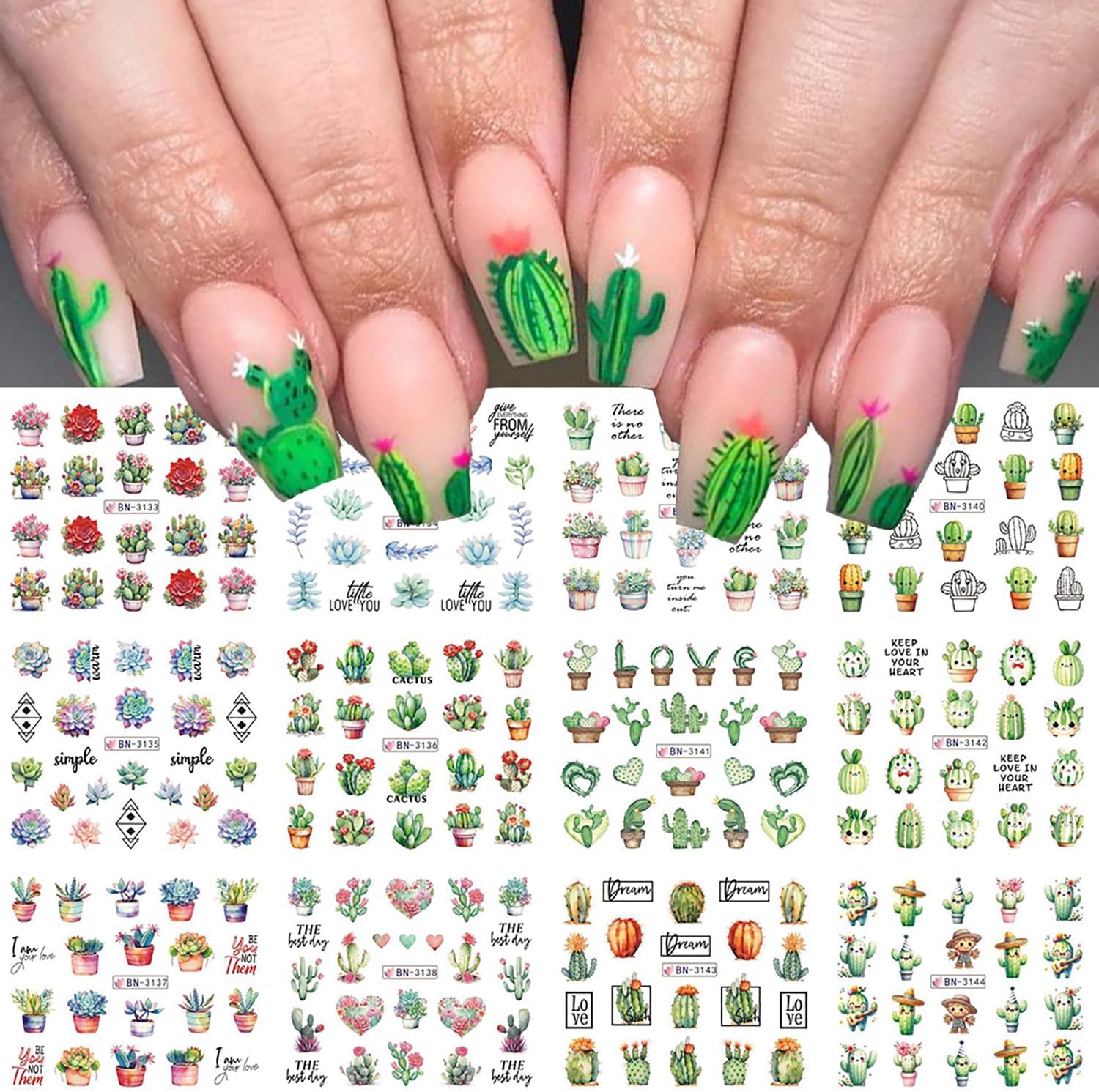 12 Sheets Green Cactus Nail Art Stickers Spring Summer