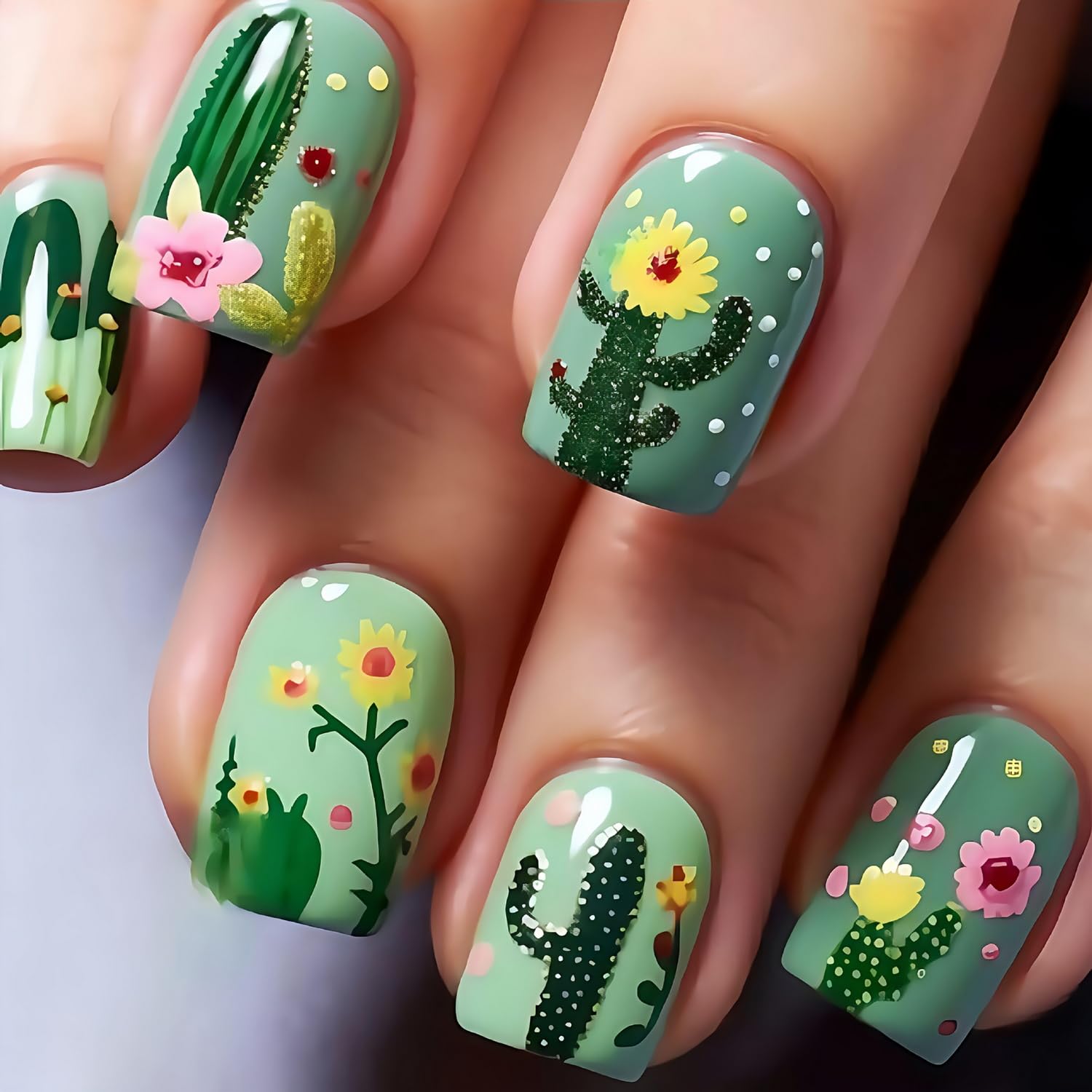 24pcs Spring Press on Nail 25 Beautiful Cactus Nail Designs