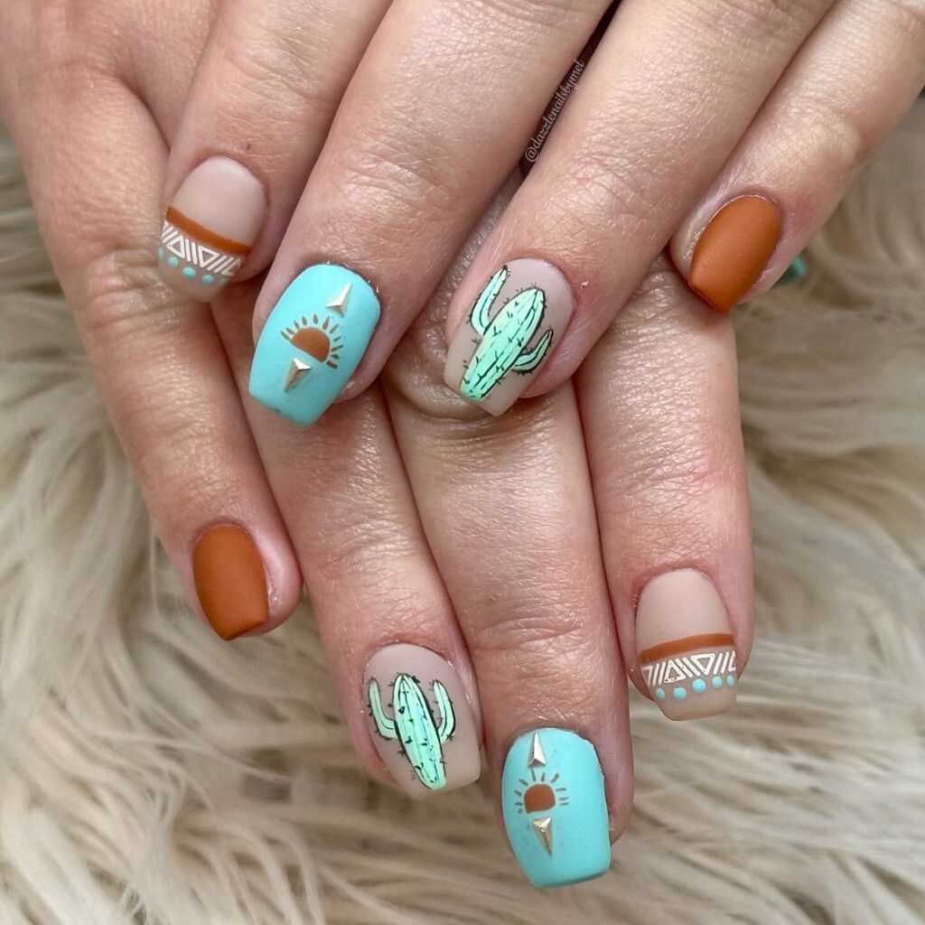 Creative blue brown cactus summer nails