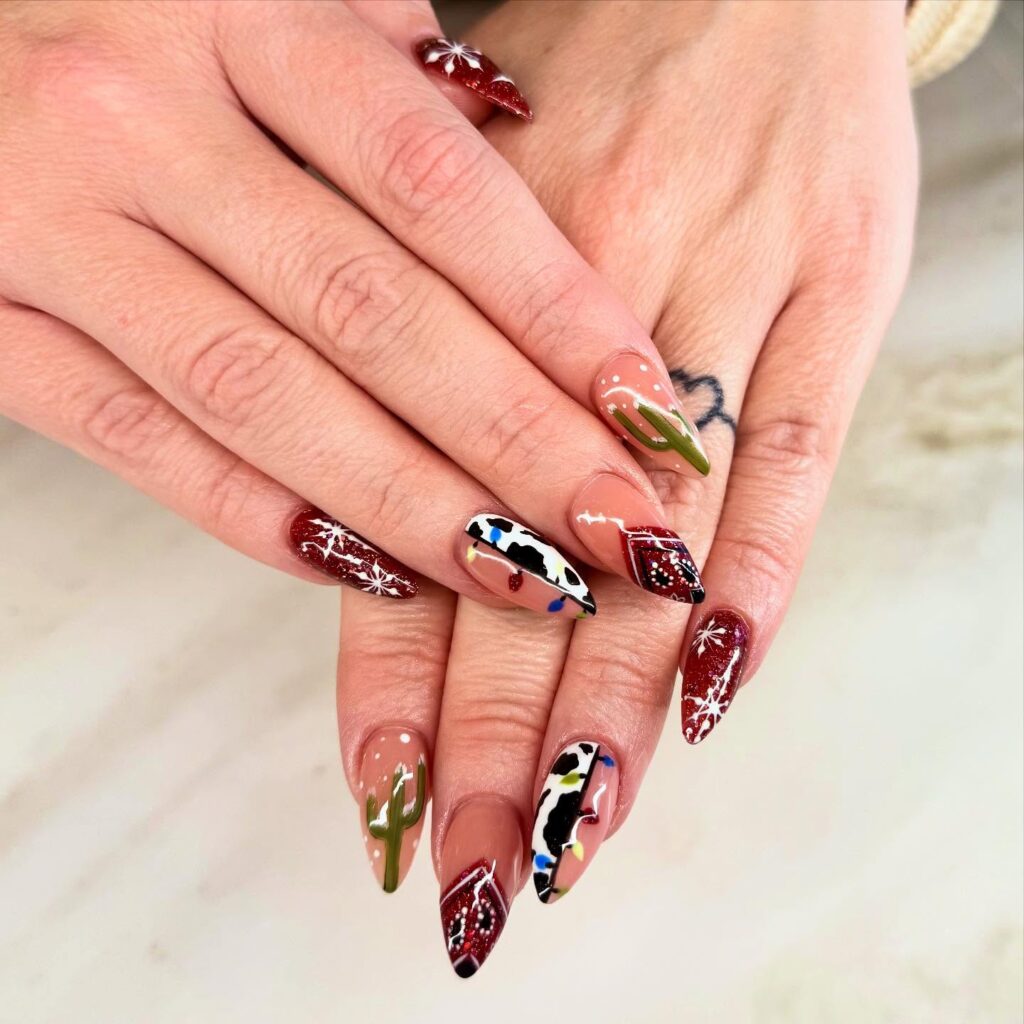 Long colorful red, blue Black and Green Summer nails Bright
