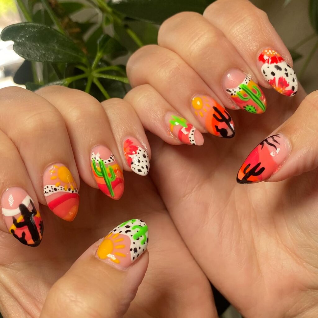 Colorful medium-length Cactus Manicure
