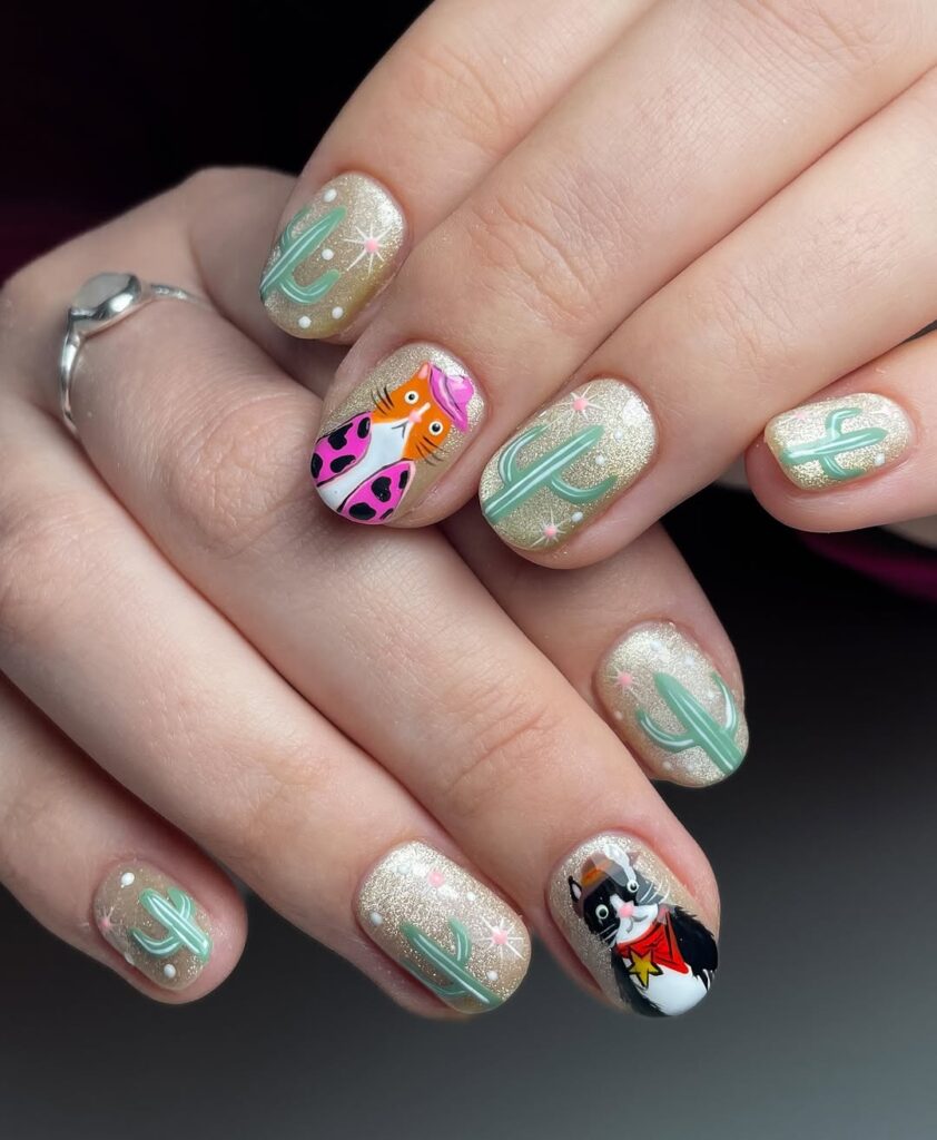 Orange Cat Summer Glitter Nails