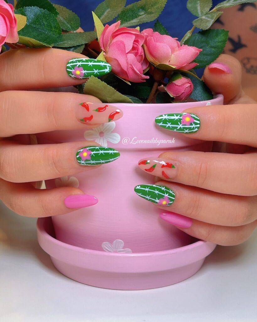 Long Green white, and Pink Cactus Manicure