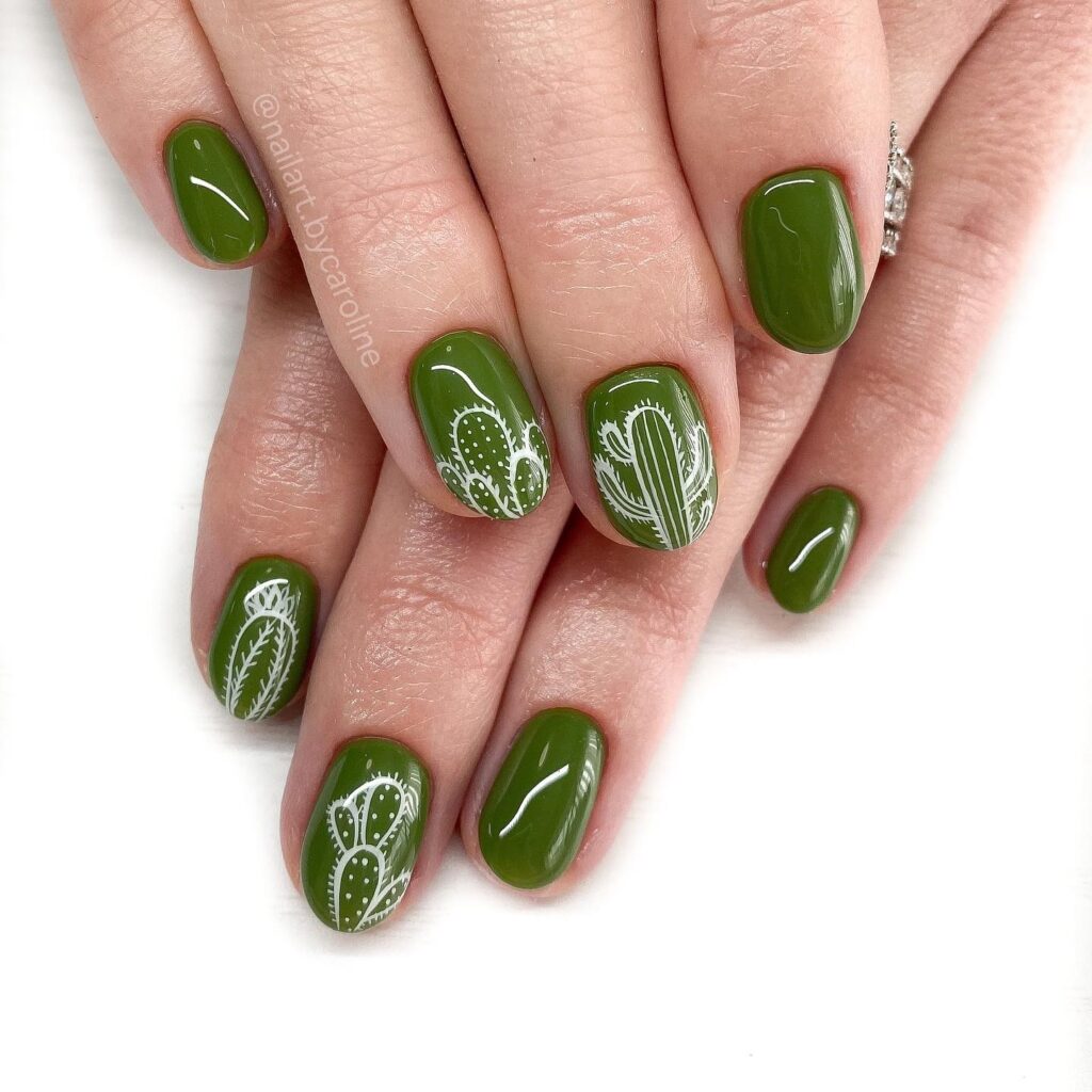 Short Green and white summer nails