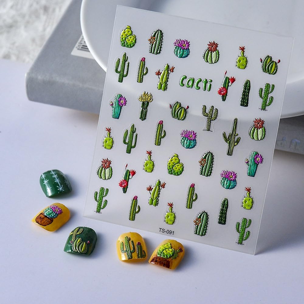 Cute Nails Stickers Green Plants Nails Sticker 3D Embossed Cacti 25 Beautiful Cactus Nail Designs