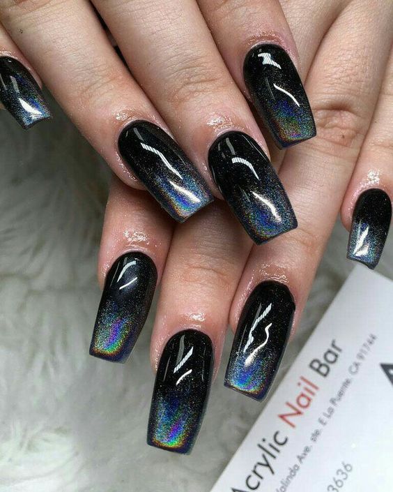 Black to Holographic Shimmer Ombre Nail Designs