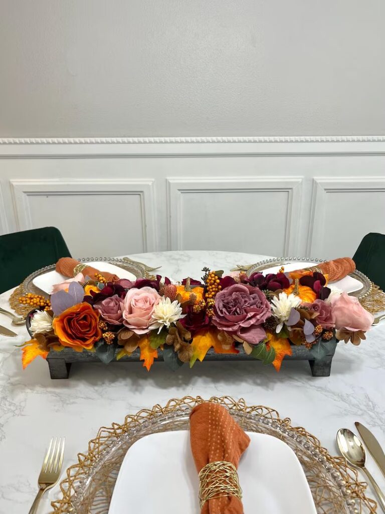 White Pumpkin & Fall Mum Centerpiece in Rustic Metal Tray
