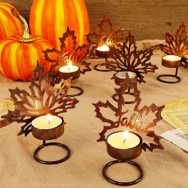 6 Maple Leaf Tea Light Candle Holders Metal Thanksgiving