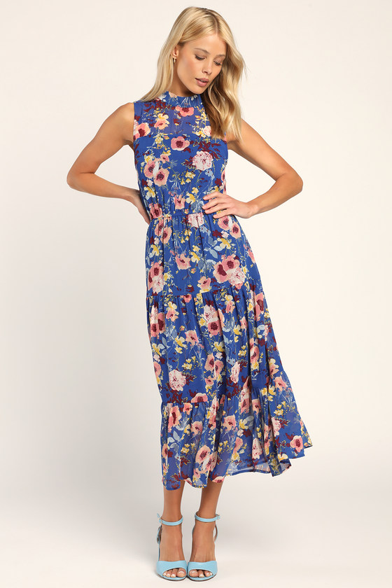 long blue floral print dress