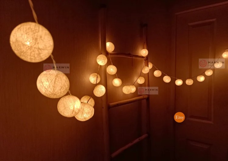 Beige String Lights Cotton Balls Fairy Lights Bedroom Home Decor