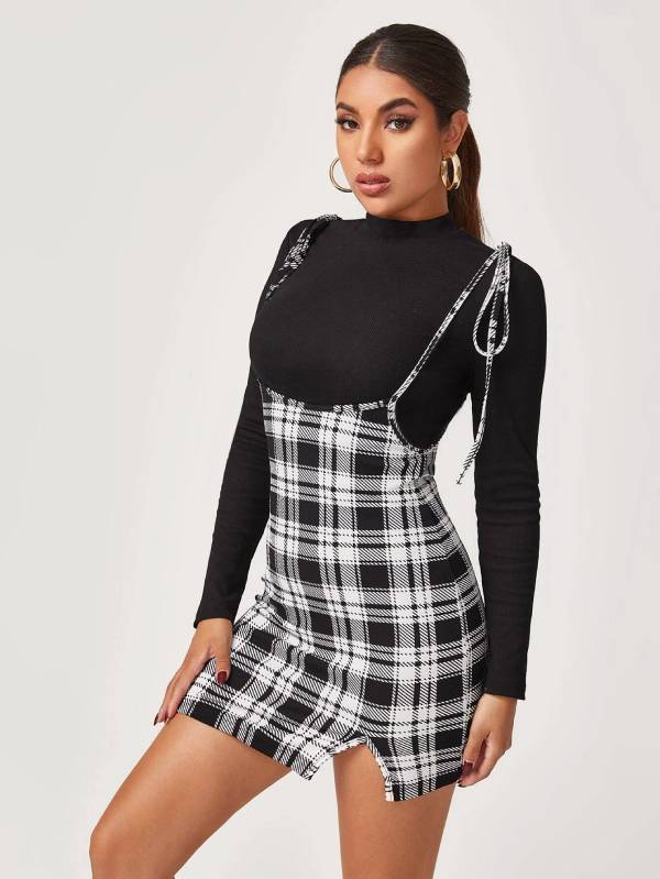 Black turtleneck with Checker Printed Mini Dress 