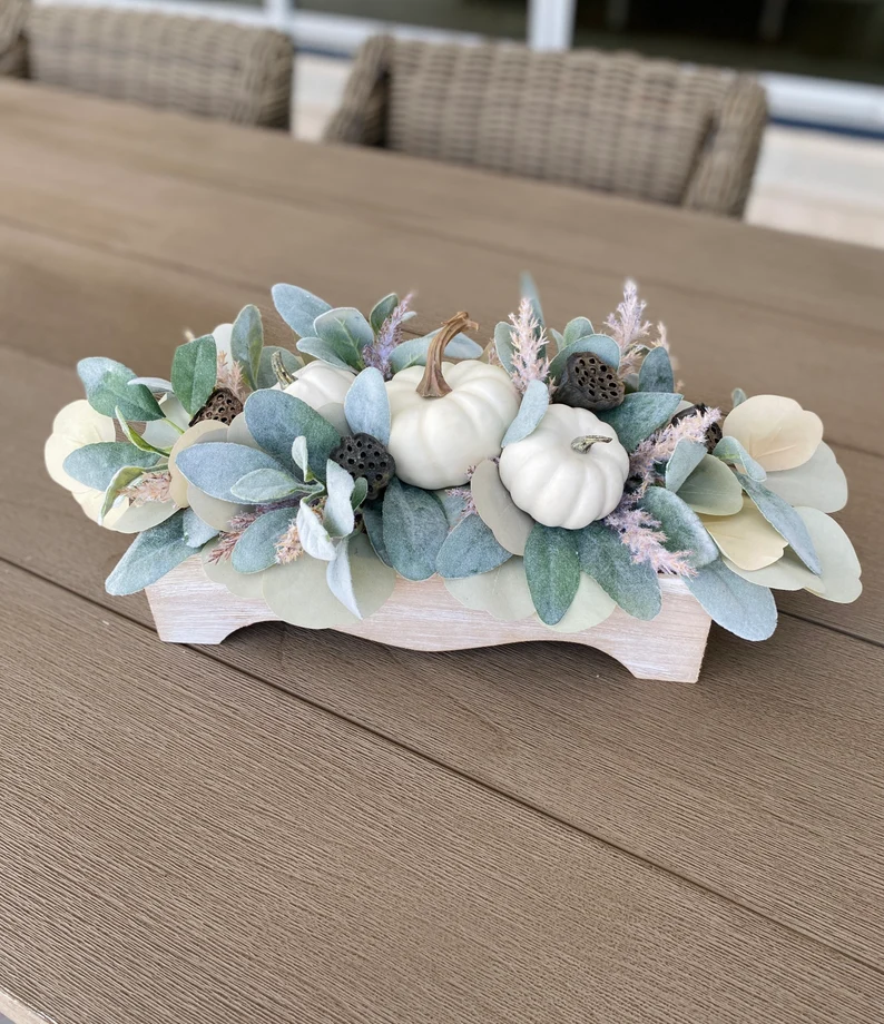 Fall centerpiece table decor white pumpkin farmhouse decor