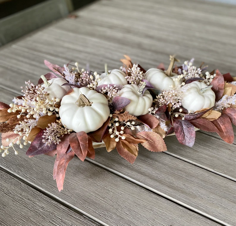 Fall table centerpiece decor white pumpkin farmhouse