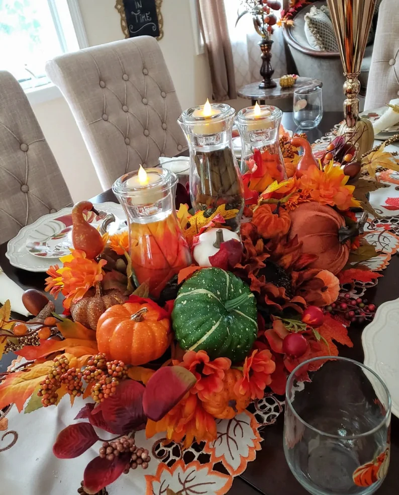 Fall table decor, candle centerpiece, Large fall tablescape, pumpkin thanksgiving centerpiece