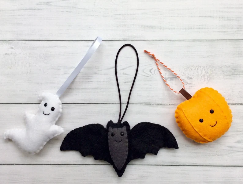 Handmade Felt Halloween Hanging Friendly Decorations Ghost Pumpkin or Bat