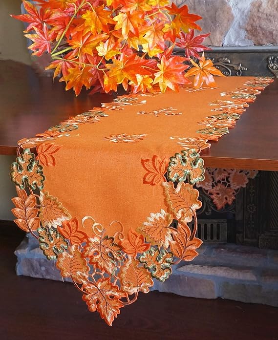 Harvest Fall Table Runner 13x36,Cutwork Embroidered Maple Leaves Dresser Scarf Table Topper