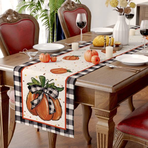 Pumpkin Buffalo Plaid Fall Runner for Table Seasonal Fall Thanksgiving Holiday Decor