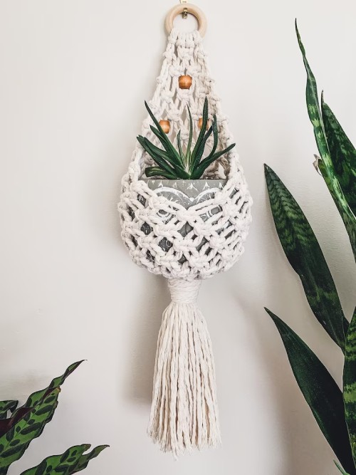 boho wall decor Ideas, Small Beaded Macrame Plant Hanger, white rope pot hanger