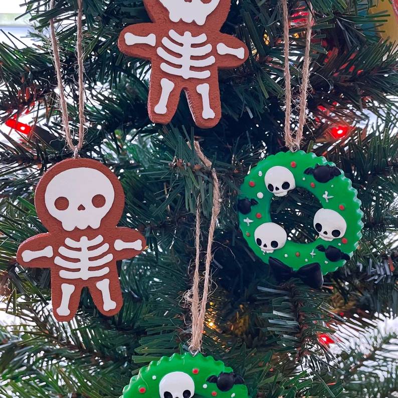 Spooky Christmas Tree Ornaments - Gingerbread Skeleton or Spooky Wreath