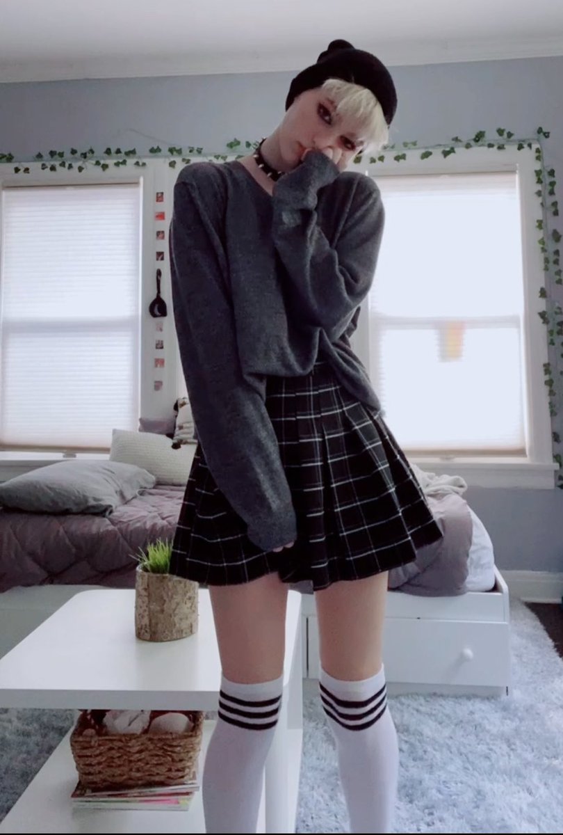 Black Plaid Tennis Skirt with Long Sleeve sweater, and strip socks