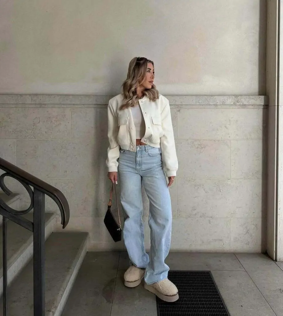 Woman wearing, ugg outfit with cropped jacket