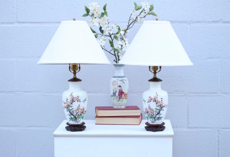 Vintage Japanese Cherry Blossom Table Lamps