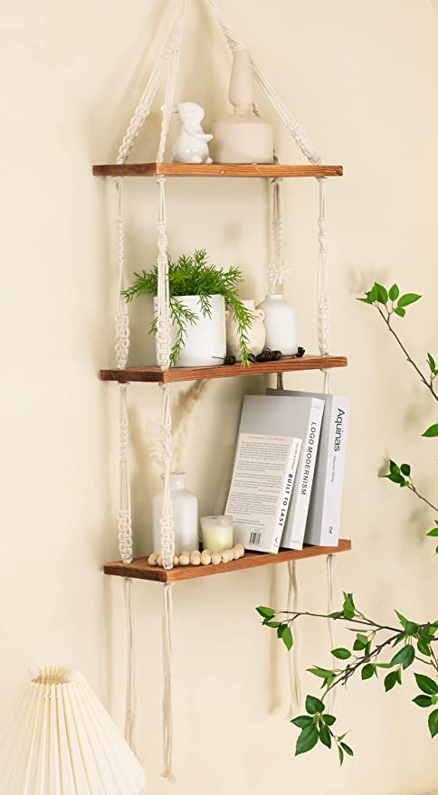 Wood Wall Shelf with Woven Rope DIY Boho Room Decor on a Budget