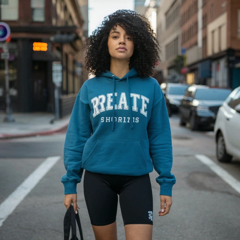 girl wearing blue hoodie and black biker shorts