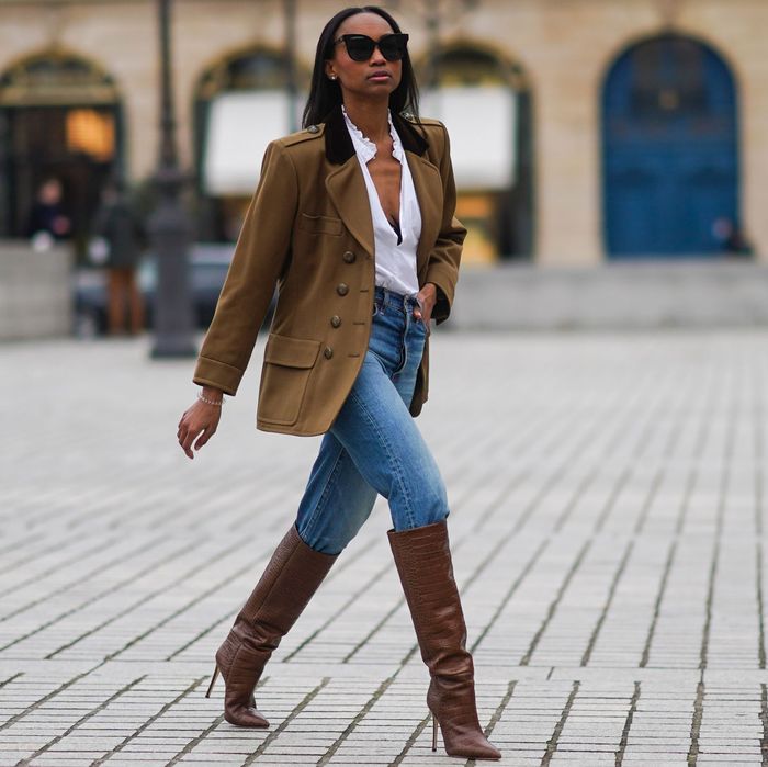 brown boots and brown blazer combo