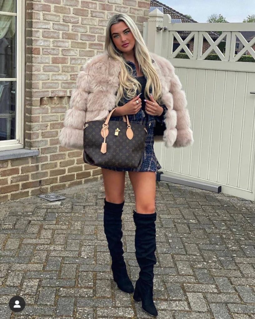 LV Bag with Luxury fur Winter Jacket and Knee high boots