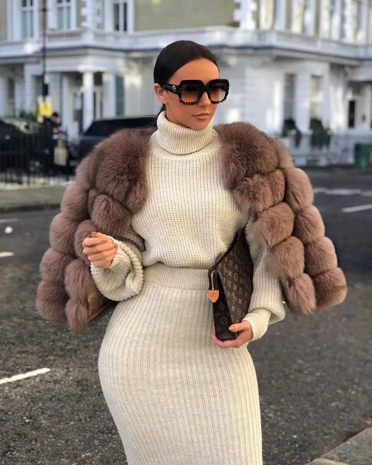 Fur Bomber Jacket with Two Piece Sweater skirt and top set and Sunglasses