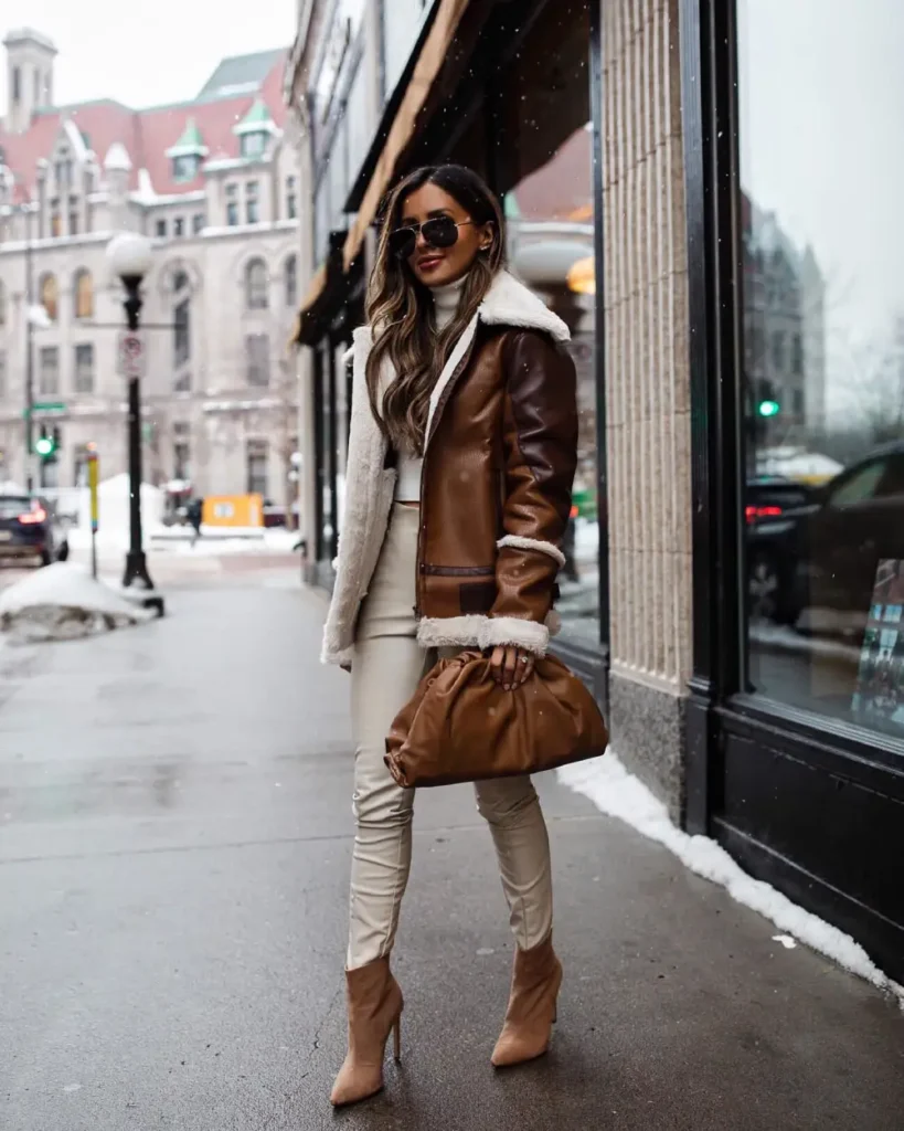 Brown Leather Jacket with Large Brown Bag and Ankle Booties