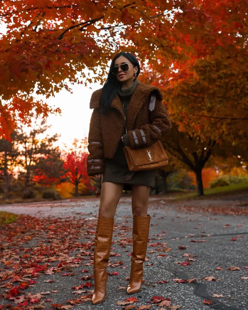 Brown Teddy Winter Jacket with Sweater and Brown Boots