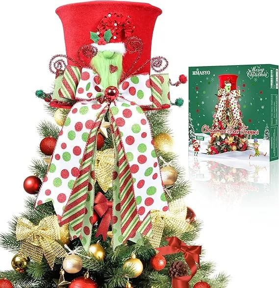 Christmas Tree Topper - Large Red Gnome Velvet Tree Topper Hat with Red Green Peppermint Bow Ribbon Ornament