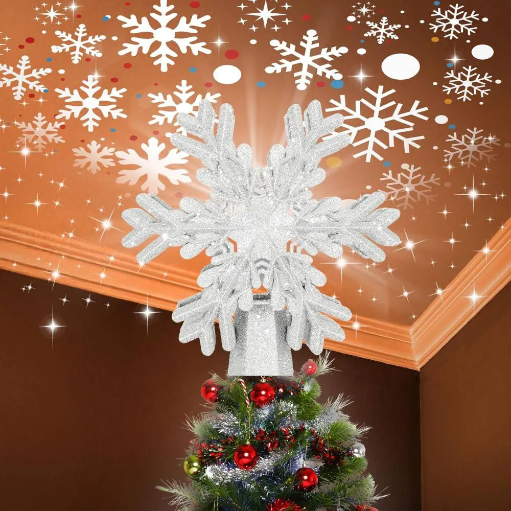 Christmas Tree Topper with 3D Rotating Silver Snowflake Projector