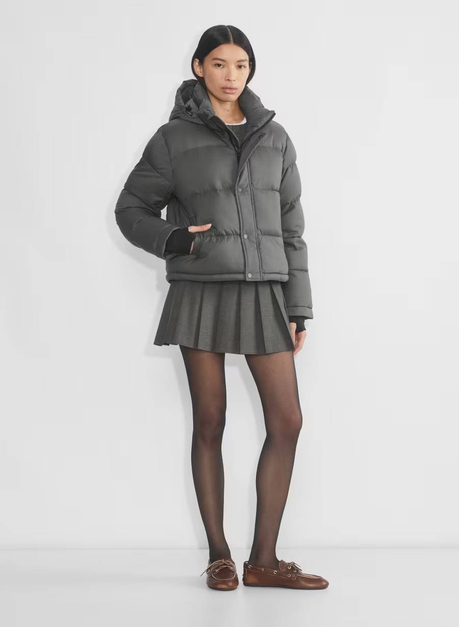 Gray Short Puffer Jacket with Mini Skirt Winter Outfit