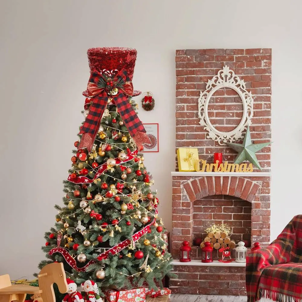 Red Hat with Buffalo Plaid Bow Ribbon Ornament, Candy Christmas Tree Topper